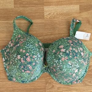 Cacique 44H Green Floral Cotton Boost Plunge Bra, Size 44H, NEW nwt